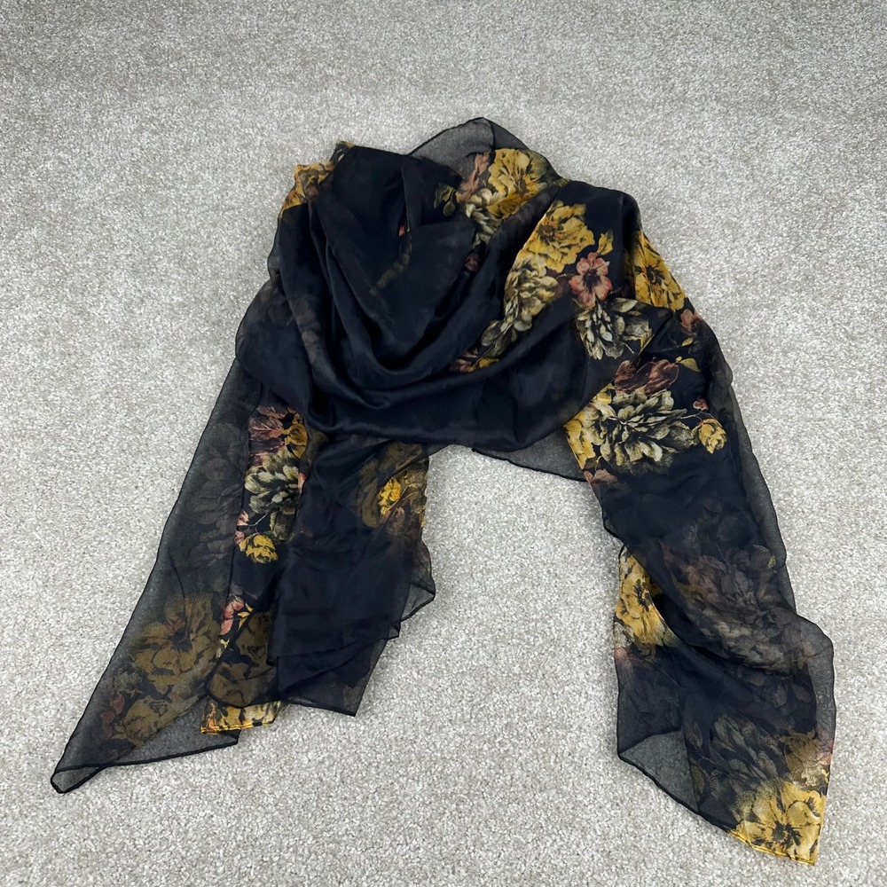 Black Floral Sheer Chiffon Scarf Shawl Lightweight Wrap Moody Blooms Dark Floral